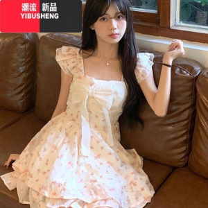 YIBUSHENG法式甜美风小飞袖碎花连衣裙女小个子蝴蝶结收腰在逃公主短裙子