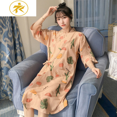 Ideamini睡衣女夏季睡袍中长款棉薄款学生日式和服式睡裙可爱家居服浴袍