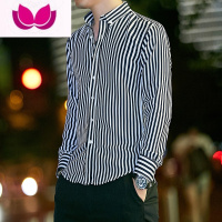 七斓春男士T恤韩版条纹衬衫男长袖潮流休闲外套打底百搭帅气修身衬衣