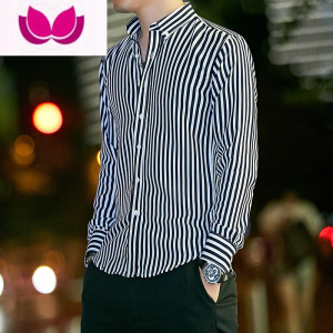 七斓春男士T恤韩版条纹衬衫男长袖潮流休闲外套打底百搭帅气修身衬衣