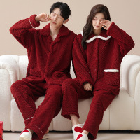 情侣睡衣秋冬季珊瑚绒本命年喜庆结婚大红色一男士一女家居服套装_674