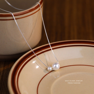 s925纯银项链女时尚简约气质高级感盒子链轻奢珠子吊坠锁骨链批发送女朋友老婆情人节七夕生日礼物 银色