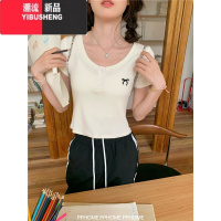YIBUSHENG自制~少女元素 蝴蝶结刺绣螺纹T恤季圆领正肩显瘦短上衣