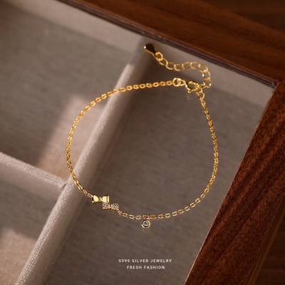 微镶锆石迷你蝴蝶结手链女s999纯银轻奢小众设计足银手饰首饰批发送女朋友老婆情人节七夕生日礼物