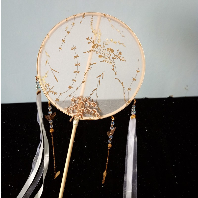 青黛手作长柄团扇流苏古风摄影道具汉服配饰圆扇子中国风 古典 三维