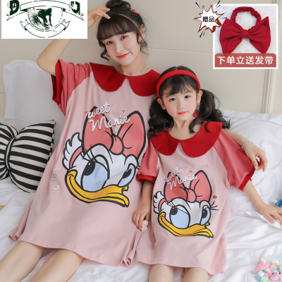 HLCOMAN亲子睡衣夏母女睡裙女童儿童棉短袖加大码女孩公主连衣裙家居服睡裙