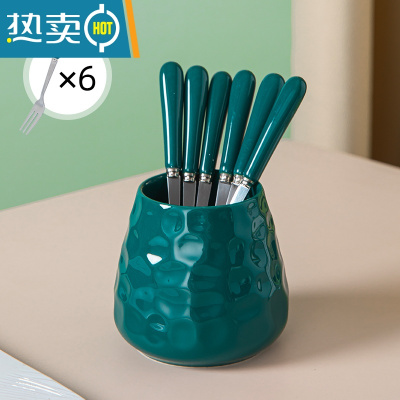 敬平水果叉子儿童安全水果签套装高端不锈钢收纳罐高颜值可爱轻奢网红 墨绿色-收纳罐+6银色叉