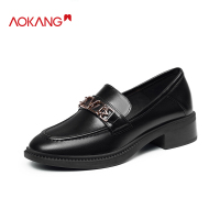 奥康女鞋春秋季英伦风马衔扣乐福鞋牛皮圆头女单鞋