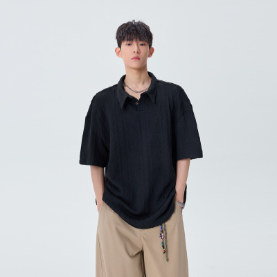 夏季新款短袖翻领polo衫男老钱风痞帅潮牌青少年体恤休闲宽松男装