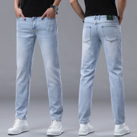 高奢修身商务牛仔裤男春夏新款弹力潮牌小直筒柔软冰川蓝男装百搭