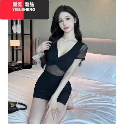 YIBUSHENG夜总店连衣裙2024季新款性感V领网纱拼接修身显瘦包臀短裙女装