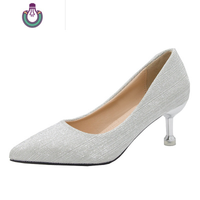 FISHBASKET银色高跟鞋女细跟结婚鞋2019新款百搭网红尖头性感伴娘单鞋女休闲鞋