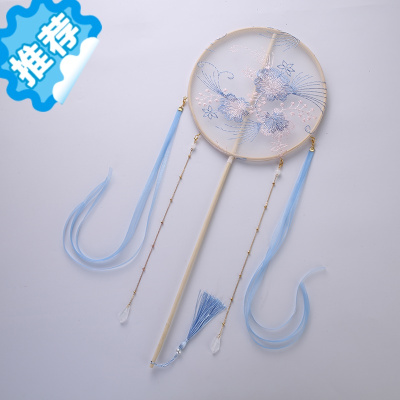 三维工匠中国风原创花卉刺绣古风汉服配饰宫扇长柄团扇宫廷扇圆形舞蹈扇颜月溪全套扇子