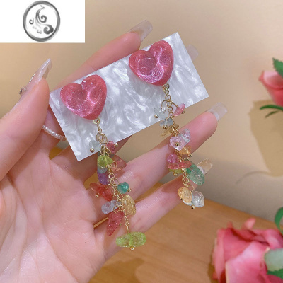 JiMi多巴胺彩色碎石耳环女小众长款流苏耳钉2023年新款潮夏季网红耳饰