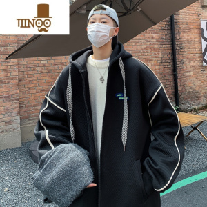 YANXU条纹开衫卫衣男加肥加大码潮胖子宽松美式休闲连帽外套情侣