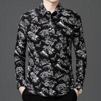 新款男士秋季薄款碎花长袖衬衫商务时尚休闲印花上衣