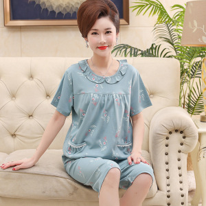 纯棉睡衣女夏季短袖韩版七分裤中老年妈妈高贵大码家居服套装