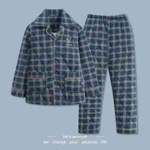 浪莎睡衣男士冬季纯棉针织夹棉袄三层加厚保暖全棉开衫家居服套装
