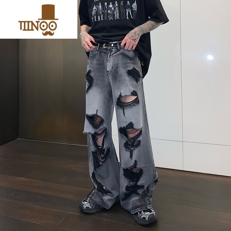 YANXU 小众做旧刮烂破洞设计直筒牛仔裤男夏季休闲水洗阔腿长裤