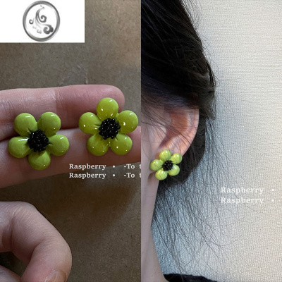 JiMi牛油果绿花朵耳环 韩国撞色百搭设计甜美复古小众耳钉