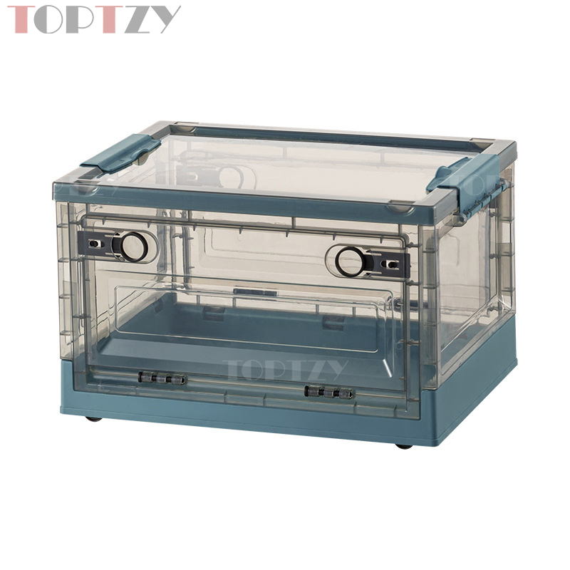 toptzy TZ5071707 户外便携透明折叠箱家用衣物防尘储物柜 中号 茶色配蓝色