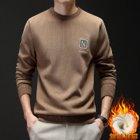 青年加绒加厚冬季圆领毛衣简约徽章抗寒针织衫美式复古男装毛衣