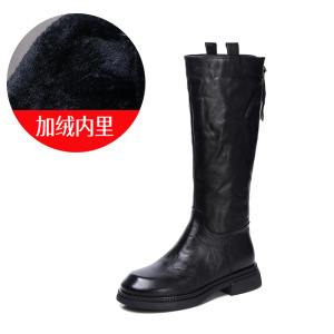 头层牛皮骑士靴女冬季新款复古百搭显瘦粗跟后拉链高筒机车靴