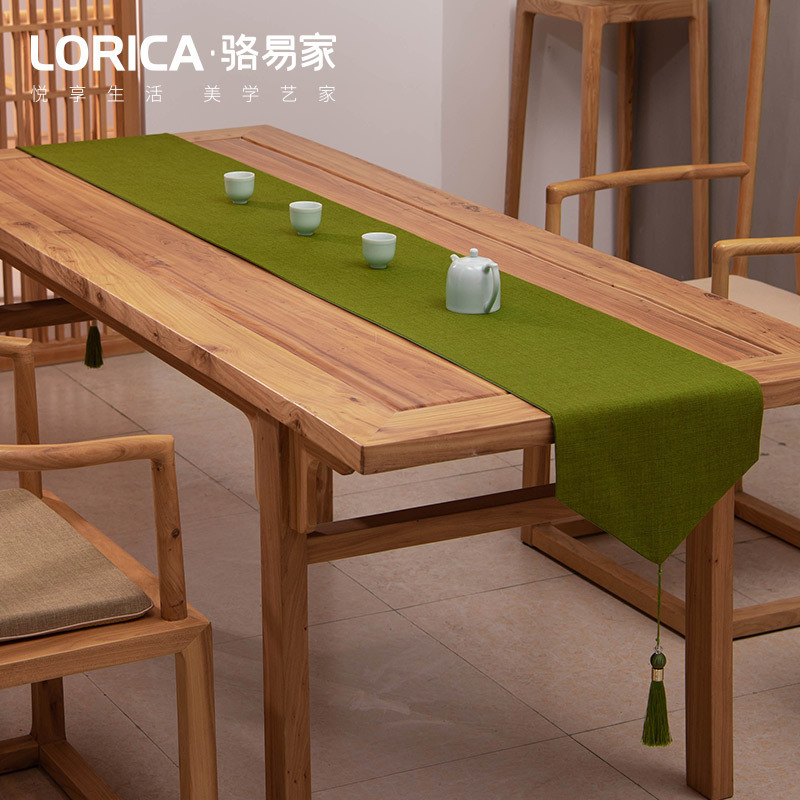 家柏饰(CORATED)新中式桌旗禅意色棉麻茶几餐桌布日式长条北欧现代简约五斗柜布 平织-绿色 33*420cm
