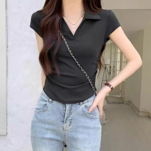 含棉纯欲风短袖T恤女夏季新款辣妹修身设计感短款正肩polo领上衣