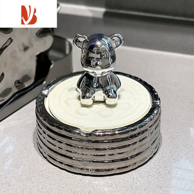 三维工匠陶瓷纸巾盒客厅轻奢抽纸盒家用烟灰缸套装创意茶几收纳盒 银色冰川烟灰缸[小熊款]