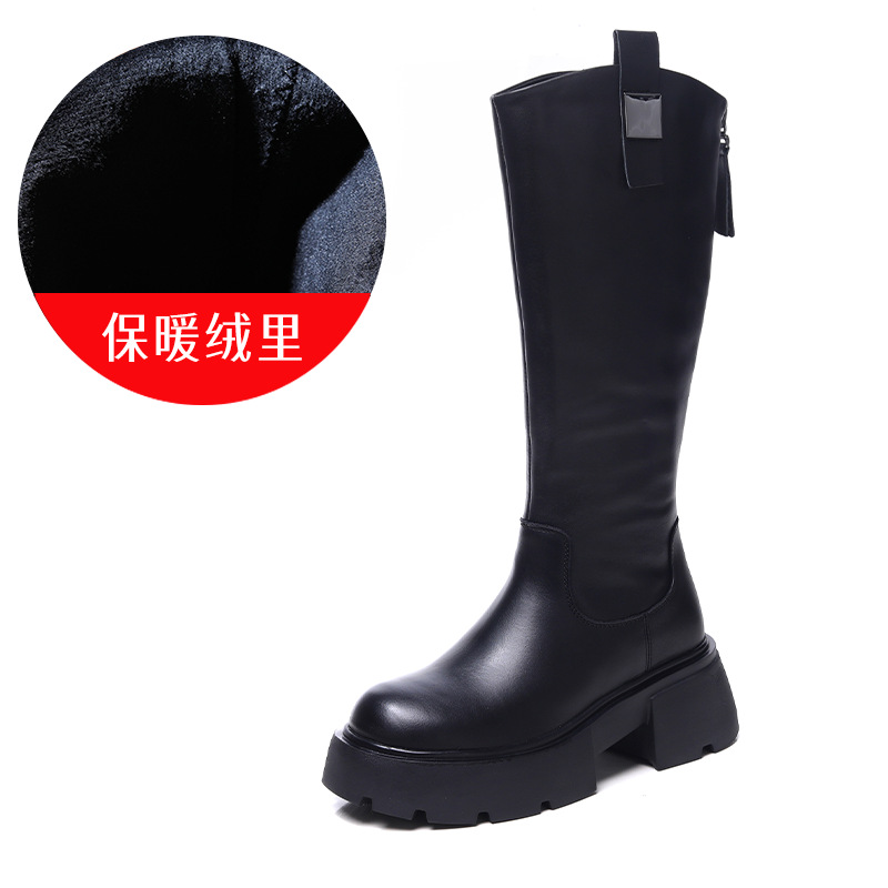 头层牛皮骑士靴女冬季新款加绒保暖复古百搭粗跟长筒马丁靴