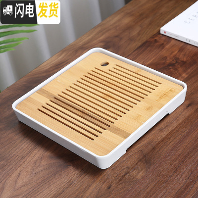 三维工匠家用迷你储水竹茶盘简约日式小型茶台全密胺干泡圆托盘功夫茶具B 密胺大正方角孔直线白茶盘