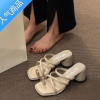 SUNTEK高跟鞋小众罗马凉鞋女鞋夏季新款套趾网红粗跟沙滩外穿一字凉拖鞋