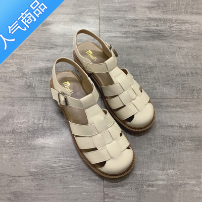 SUNTEK2023夏季新款包头罗马凉鞋女厚底法式编织平底仙女大码女鞋41-43