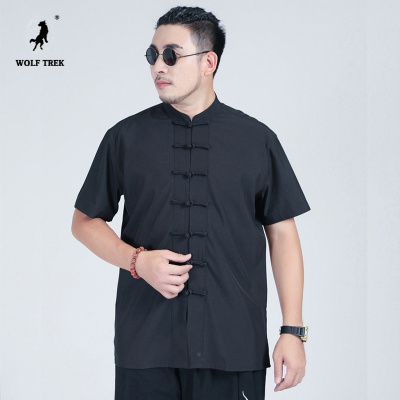 七匹狼国际公司授权WOLFTREK-男装2XL-8XL夏男士唐装短袖衬衣休闲宽松肥佬半袖上衣加大码-