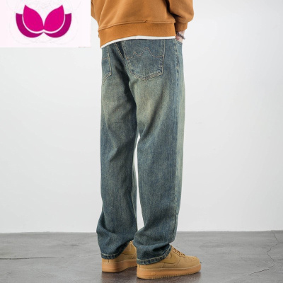 七斓春季复古裤子男潮流直筒宽松阔腿牛仔裤男美式潮ins休闲长裤C