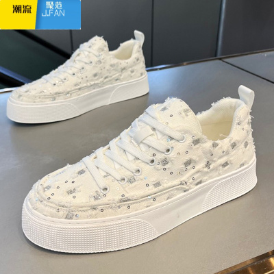 聚范2024秋季新款潮流男鞋布面透气休闲板鞋破洞亮片时尚个性休闲男鞋
