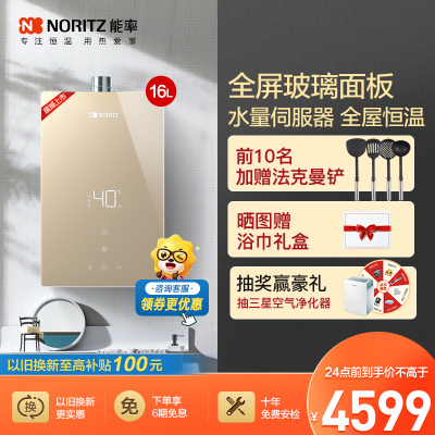能率(NORITZ)燃气热水器16升 全面屏玻璃面板 恒温 天然气GQ-16EP5FEX(JSQ31-EP5)防冻