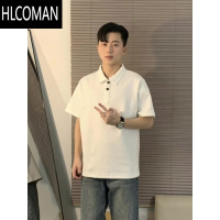 HLCOMAN纯黑色短袖男polo衫痞帅成熟稳重男装衬衫领t恤夏季五分半袖