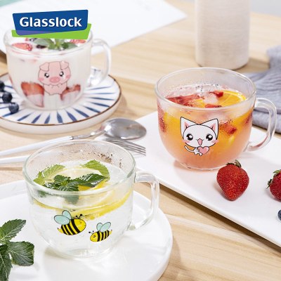 Glasslock进口玻璃杯卡通动物图案带把早餐杯酸奶杯果汁杯牛奶杯