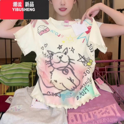 YIBUSHENG甜辣小猫设计感印花短袖t恤女2024季新款圆领褶皱收腰修身上衣