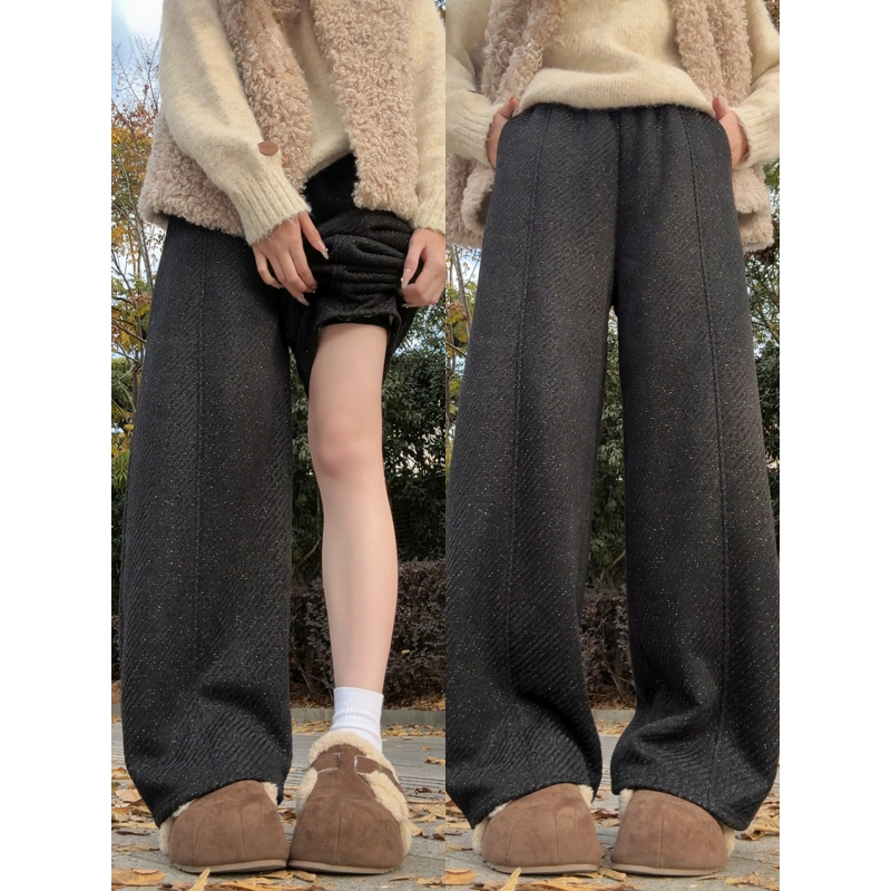 羊羔绒黑色毛呢卫裤女冬新款加绒保暖棉裤胖mm大码加厚阔腿裤