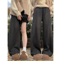 羊羔绒黑色毛呢卫裤女冬新款加绒保暖棉裤胖mm大码加厚阔腿裤_487