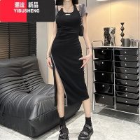 YIBUSHENG2024季新款设计感小众收腰挂脖短袖连衣裙女纯欲辣妹开叉长裙子