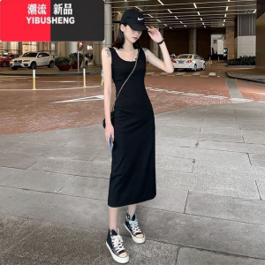 YIBUSHENG黑色复古连衣裙内搭打底裙2023春秋气质修身显瘦背心裙法式长裙