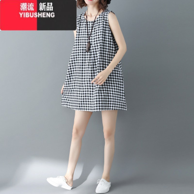 YIBUSHENG大码女装棉麻背心裙季宽松胖妹妹洋气格子中裙休闲无袖连衣裙子