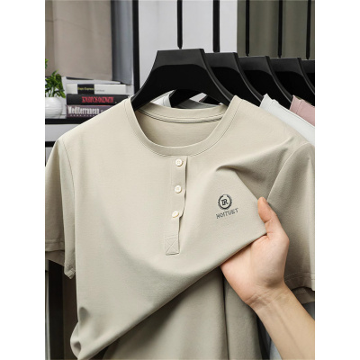 夏季圆领T恤男净色中年宽松爸爸装polo衫时尚休闲中式T恤夏天上衣