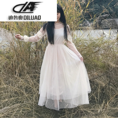 春装女装韩版气质花朵网纱裙仙女裙中长款连衣裙a字裙长裙+吊带裙满30元联系客服改运费