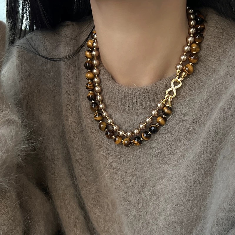 可拆分美拉德虎眼石珍珠项链女2025新款轻奢高级感小众设计毛衣链