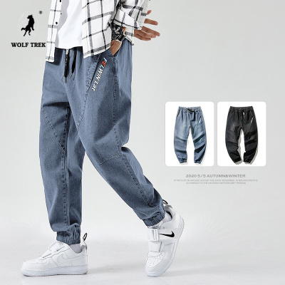 七匹狼国际公司授权WOLFTREK-春季束脚男士潮牌牛仔裤宽松加肥加大码胖子工装裤哈伦裤韩版潮流M-8XL